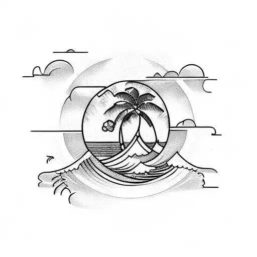 waves with sun and coconut tree and coconuts  tattoo design idea