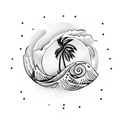 waves with sun and coconut tree and coconuts  tattoo design idea