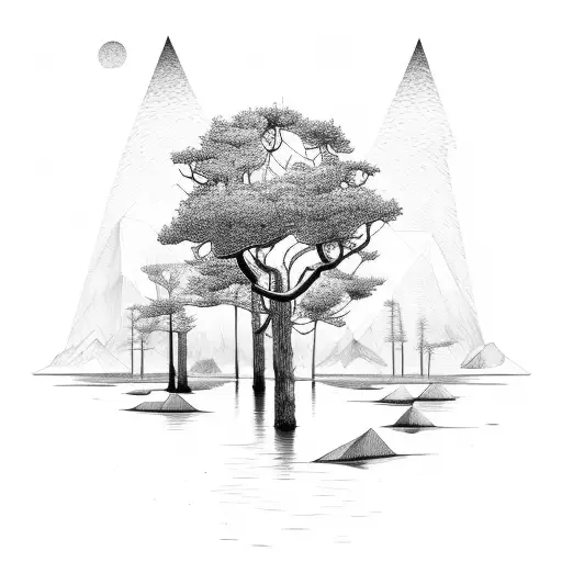 trees, mountains, river framed in with lines and triangles tattoo design idea