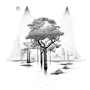 trees, mountains, river framed in with lines and triangles tattoo design idea