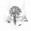 trees, mountains, river framed in with lines and triangles tattoo design idea