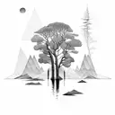 trees, mountains, river framed in with lines and triangles tattoo design idea