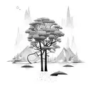 trees, mountains, river framed in with lines and triangles tattoo design idea