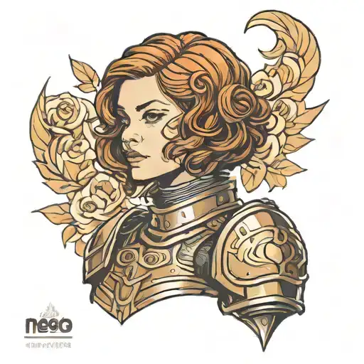girl with brown wavy bob in armor tattoo design idea