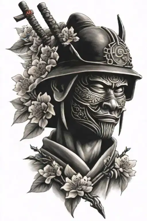 masked samurai with temple and blue sky and cherry blossom  tattoo design idea