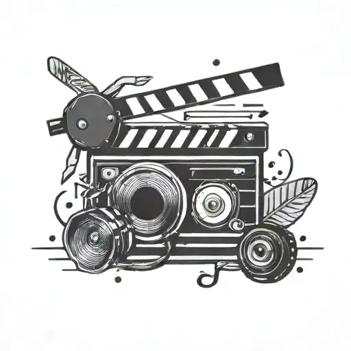 A tattoo of a film clapperboard with music notes and instruments as the background, reflecting the client's love for both video editing and music tattoo design idea
