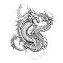 A fierce dragon wrapping around a muscular arm, with intricate dotwork details tattoo design idea