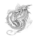 A fierce dragon wrapping around a muscular arm, with intricate dotwork details tattoo design idea