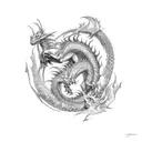 A fierce dragon wrapping around a muscular arm, with intricate dotwork details tattoo design idea