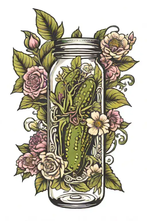 pickle jar and flowers surrounding tattoo design idea