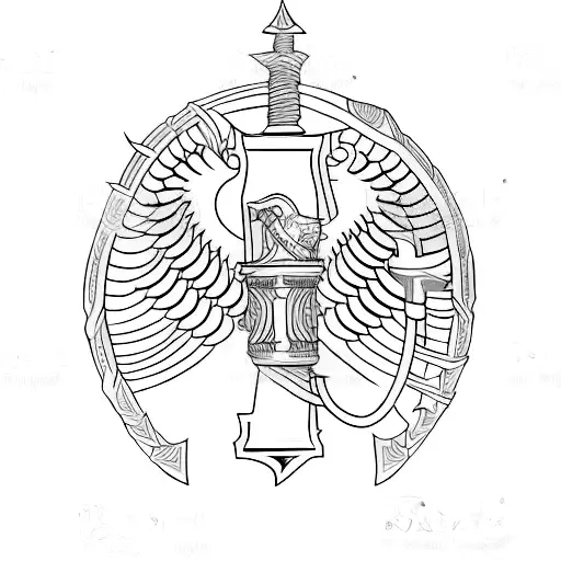 A minimalist tattoo of a Roman sword with laurel leaves wrapped around the hilt, representing courage and achievement tattoo design idea