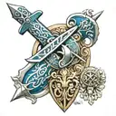 sword with blue shield orixá ogun with Iansã tattoo design idea