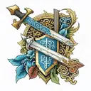 sword with blue shield orixá ogun with Iansã tattoo design idea