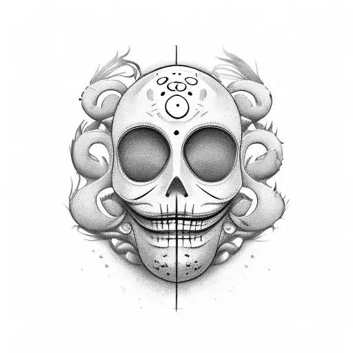 mask over a smiley mask and over it says two sides and the bottom says two the same face tattoo design idea