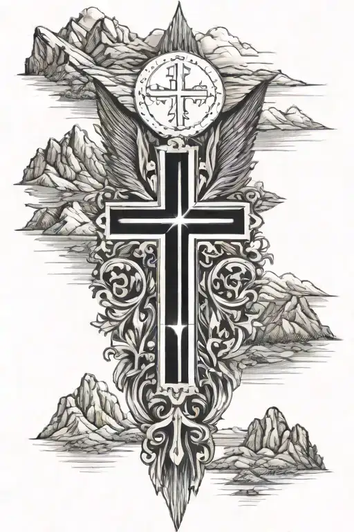 albaninan flag and cross sorrounded by mountains inside tattoo design idea