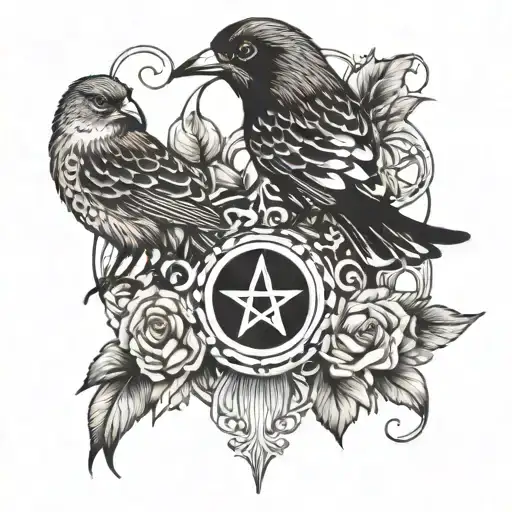 Create a black and white traditional bird tattoo of the nine of pentacles tarot card with no border  tattoo design idea