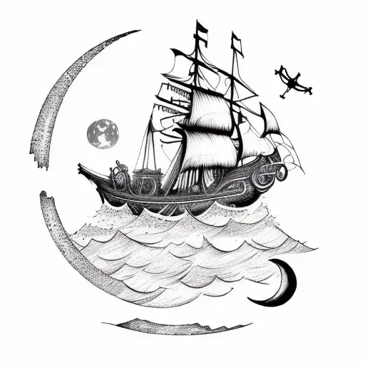 pirate ship AND moon tattoo design idea