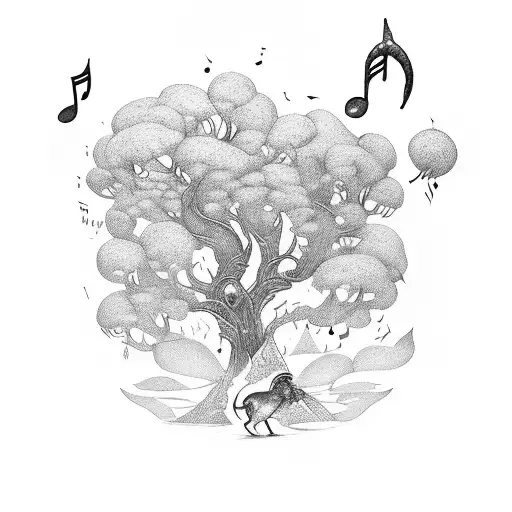 An enchanting scene of a fantasy book opening to reveal a world of animals and music notes tattoo design idea