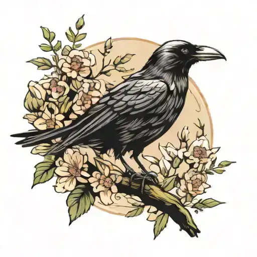 crow perched with wild flowers and vervain  tattoo design idea