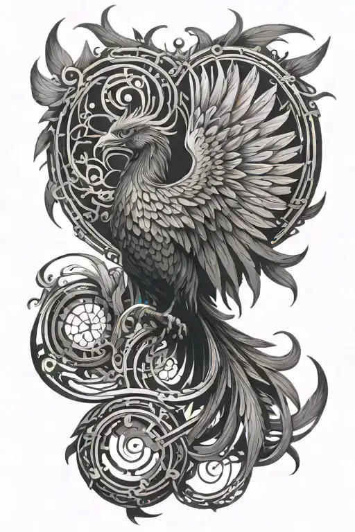 A majestic phoenix rising from a DNA double helix, merging medicine and mythology, in black-grey style tattoo design idea