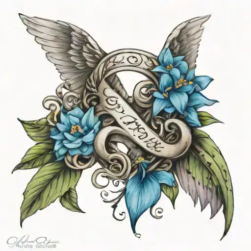 infinity symbol incorporated with angel wings and Lilly flower and forget-me-not flower. name shannon in it  tattoo design idea