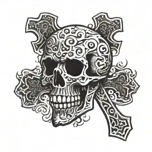Ride or die big skull and cross in background black tattoo design idea