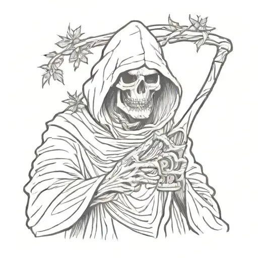 a grim reaper with a hood and a sickle, in which the sickle has a marijuana bud embedded tattoo design idea