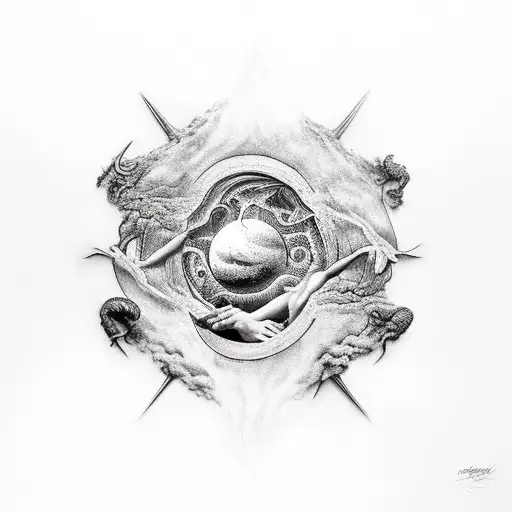 A surreal depiction of the Creation of Adam with a twist of darkness and mystery tattoo design idea