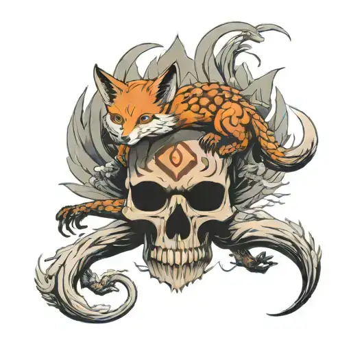 nine tailed fox standing on a skull, kitsune tattoo design idea