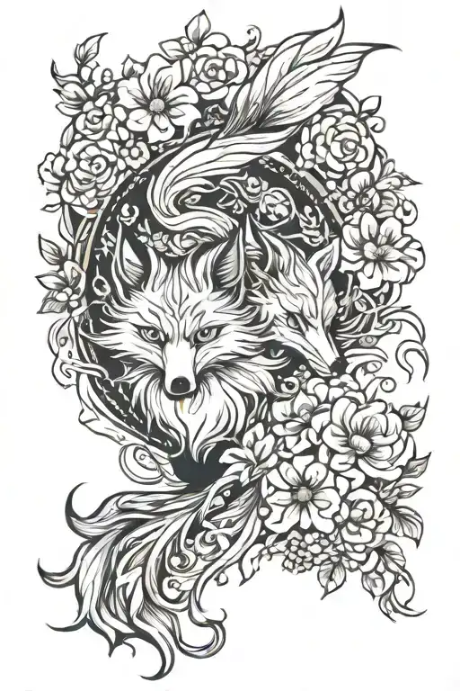 nine tailed fox in flowers tattoo design idea