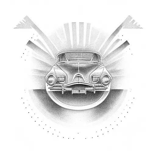 A vintage car racing on a deserted highway at sunset tattoo design idea