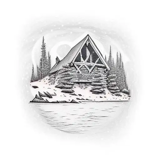 log cabin by a lake in the mountains in the snow tattoo design idea