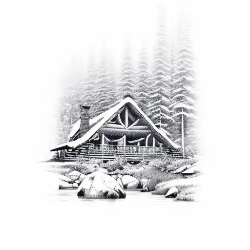 log cabin by lake. snowy mountains in background  tattoo design idea
