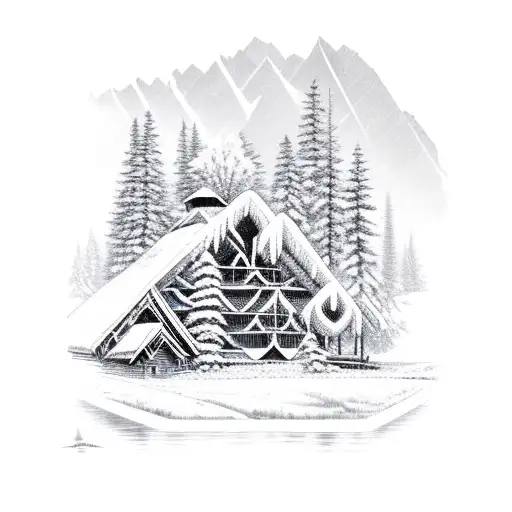 log cabin by lake. snowy mountains in background. fir trees. encased in a diamond  tattoo design idea