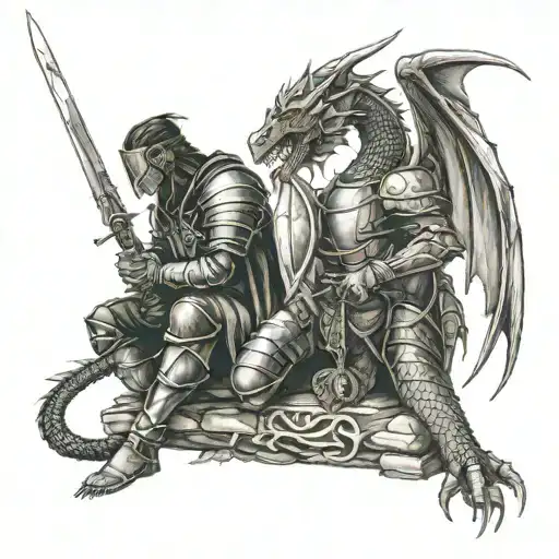 dragon and knight kneeling tattoo design idea