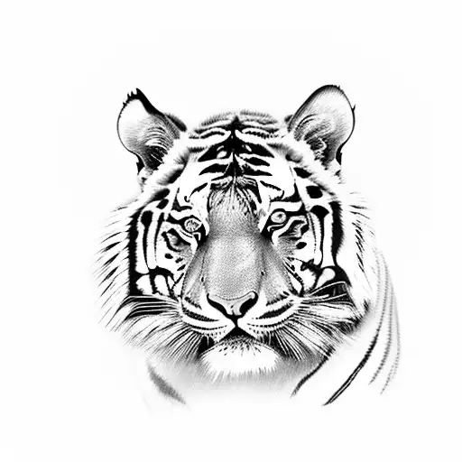 A realistic portrait of a tiger, shaded in black and grey, with its piercing green eyes reflecting a subtle smoke effect. tattoo design idea