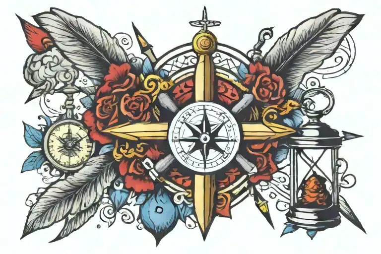 cross, compass, hourglass, human brain and heart   tattoo design idea