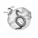 A snake coiled around a globe with various landmarks representing different countries tattoo design idea