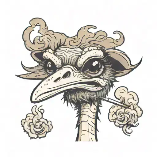 cartoon ostrich smoking a joint surrounded by smoke tattoo design idea