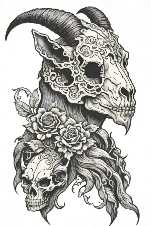 goat skull with cat tattoo design idea