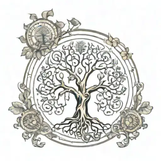chest tattoo featuring circle with tree of life patern. around the center many arms with hands holding things  tattoo design idea