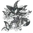 A witch playing a haunting melody on a violin surrounded by dancing butterflies tattoo design idea