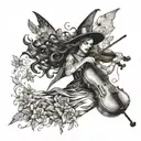 A witch playing a haunting melody on a violin surrounded by dancing butterflies tattoo design idea