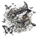 A witch playing a haunting melody on a violin surrounded by dancing butterflies tattoo design idea