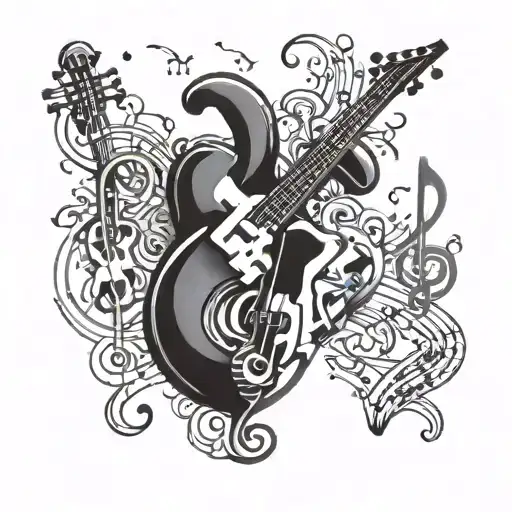 A tattoo design of a puzzle piece heart surrounded by musical instruments and notes, representing the client's dedication to raising awareness for autism through music tattoo design idea