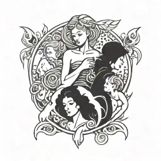 A tattoo design featuring a mother figure surrounded by four sons, each son represented in a unique style or symbol that represents their individuality tattoo design idea