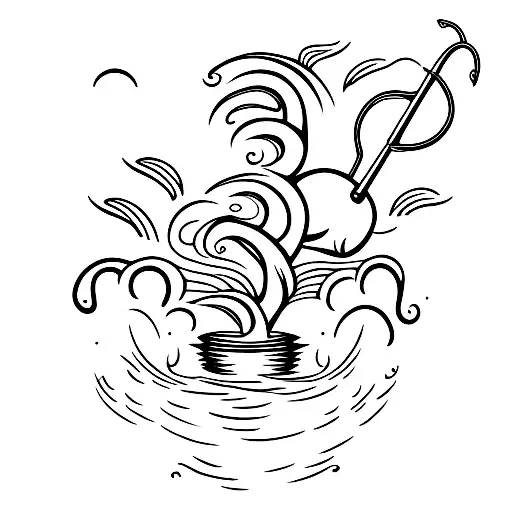 heart with fishing hook and palm tree tattoo design idea