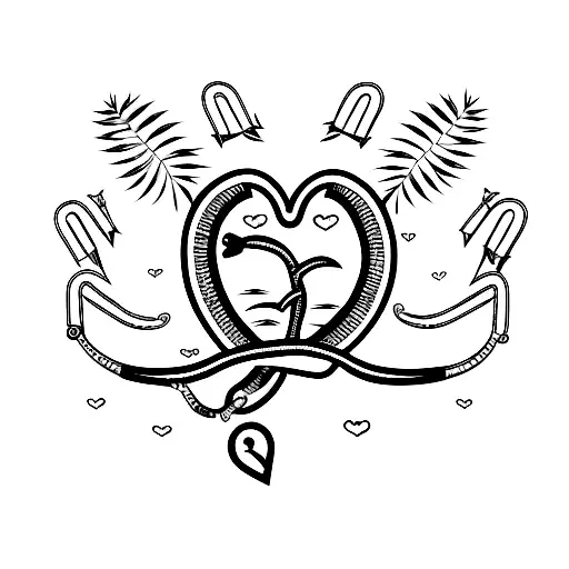 heart with fishing hook and palm tree tattoo design idea