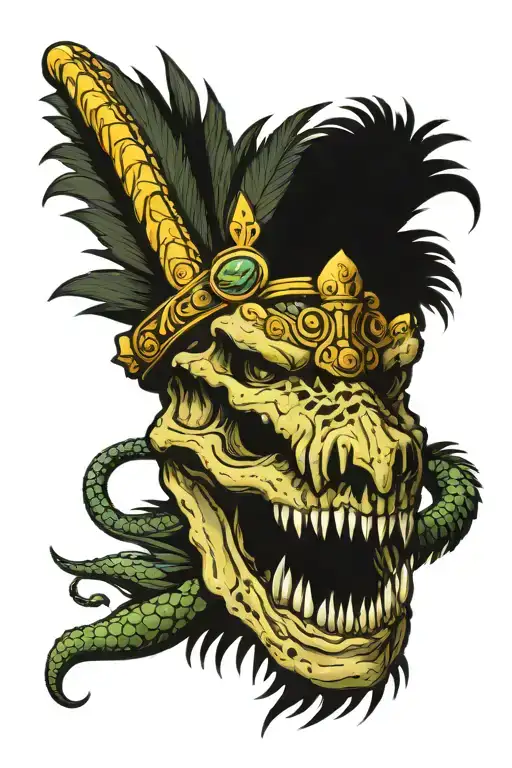 alligator skull wearing a feathered head dress with a snake coming out of the eye  tattoo design idea