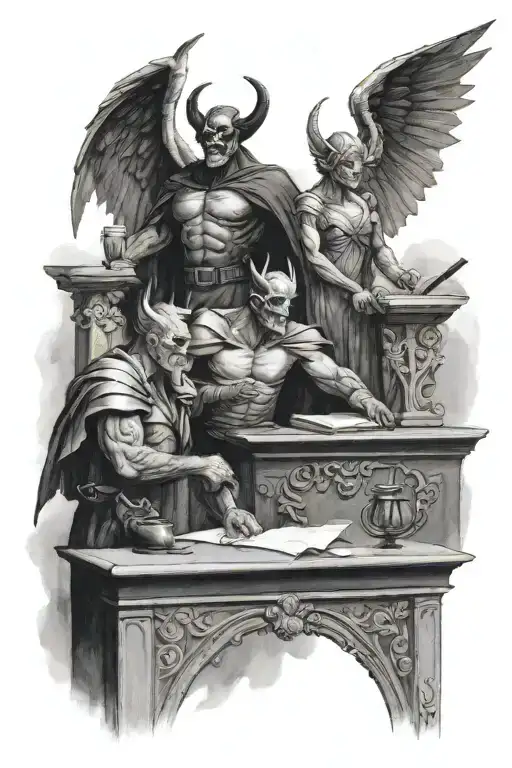 A courtroom scene with a devil as the judge and an angel as the lawyer tattoo design idea